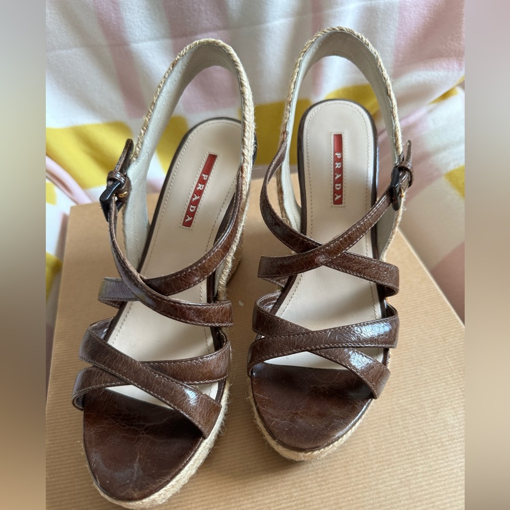 Prada Women's espadrille’s Heel Brown Leather Sandal Size - EU 36.5